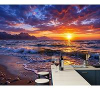 ZISTRCBAO Décoration Murale Papier Peint 350x256cm Plage Vagues Coucher De Soleil Mural Photo, Papier Peint Photo Paysages Océaniques De Rêve Pour Chambre Salon Salle Mur Décor, Orange Murale Soie