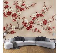 ZISTRCBAO Fleurs De Prunier Rouges Et Blanches Papier Peint Panoramique 350x256cm, Papier Peint Soie 3D Style Chinois Rétro, Mural Poster Tableaux Muraux Pour Salon Chambre Décoration Murale, Rouge