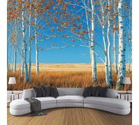 ZISTRCBAO Forêts De Bouleaux D'Automne Champs De Blé Murales Panoramique 400x280cm, Paysage Rural Tranquille Mural Fond D'écran, Bleu Mur De Fond TV Chambre Enfant Adulte Papier Peint Poster