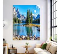 ZISTRCBAO Impression Sur Toile Peinture 50×70 cm, Tableau Decoration Murale Chambre Salon Maison Deco Cuisine Decor Murale Sans Cadre - Lac, Forêt, Montagne - Réalisme Du Paysage - Bleu