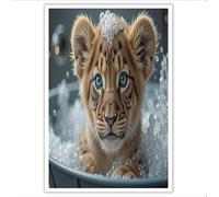 ZISTRCBAO Impression Sur Toile Petit Lion Dans La Baignoire, Affiche Et Imprimés D' Illustration De Dessin Animé Animal Pour Salle De Bain Toilettes 60×90 cm, Sans Cadre