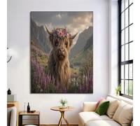 ZISTRCBAO Impression Sur Toile Une Vache Des Highlands A Des Fleurs Sur La Tête, Affiche Et Imprimés D' L'Art Rural Écossais Pour Salon Moderne, Décoration D'intérieur 60×90 cm, Sans Cadre