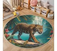 ZISTRCBAO Jaguar De La Jungle Tapis Rond 180cm, Réalisme Animalier Tapis Rond Intérieur Doux Antidérapant Lavable en Machine pour Salon Chambre Salle à Manger, Turquoise