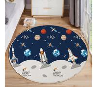 ZISTRCBAO Lavable Tapis Rond Fusées Avions Satellites | Bleu Foncé 60cm Rond - Univers Spatial De Dessin Animé Médaillon Tapis De Décoration pour Chambre, Couloir, Salle à Manger