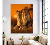 ZISTRCBAO Lion Au Coucher Du Soleil Impression Sur Toile 70×100 cm Tableau Réalisme Animalier Affiche Art Mural Decoration Poster Aesthetic Pour Chambre Salon Je Suis Moderne Sans Cadre, Orange