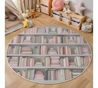 ZISTRCBAO Livres De Bibliothèque Tapis Rond 120cm, Style Aquarelle Vintage Tapis Rond Intérieur Doux Antidérapant Lavable en Machine pour Chambre D'ado pour Garçon, Rose