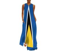 ZISTRCBAO Longue Femme Maxi Robes Drapeau de Sainte-Lucie Col V sans Manches Elegant Chic a Line Robes Impression Drapeau en Gras avec Poches Grande Taille