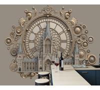 ZISTRCBAO Motif Papier Peint Soie Panoramique Engrenages Château, Papier Peint Style Architectural Gothique, 400x280cm Wallpaper Décoration Murale Pour Salon Chambre Bureau Couloir, Brun Clair