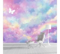 ZISTRCBAO Nuage Arc-En-Ciel Papillon Papier Peint Panoramique 350x256cm, Papier Peint Soie Rêve D'Aquarelle, Mural Poster Tableaux Muraux Pour Chambre d'enfant Décoration Murale, Rose