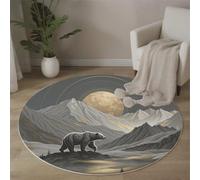 ZISTRCBAO Ours Grizzly Rocher Pleine Lune Tapis Rond Lavable 120cm, Tapis Intérieur Antidérapant Minimalisme, Puissant Poil Ras Facile à Nettoyer pour Entrée & Cuisine, Gris