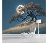 ZISTRCBAO Papier Peint De Chênes De Full Moon Hill, Papier Peint Photo Mystérieuse Vue Nocturne Onirique, Poster Panoramique Pour Salon Chambre à Coucher Décoration D'intérieur 400x280cm
