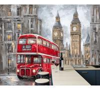 ZISTRCBAO Papier Peint Londres Big Ben Bus Rouge Papier Peint Panoramique 3D Style Britannique Rétro 350x256cm, Papiers Peints Photo Géante Décoration Murale Pour Salon Chambre Fond TV