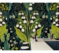 ZISTRCBAO Papier Peint Marbre Vallée Des Lys Feuilles Vertes Panoramique 200x140cm, Papier Peint Soie Plante Pastorale Vintage Décoration Murale, Papiers Peints Pour Salon Chambre Restaurant, Vert