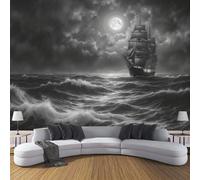 ZISTRCBAO Papier Peint Navire Naviguant Par Une Nuit Orageuse, Style De Peinture À L'Huile Théâtrale En Noir Et Blanc Papier Peint Panoramique Pour Salon Chambre Décoration Murale Poster 250x175cm