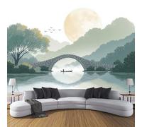 ZISTRCBAO Papier Peint Panoramique Ancien Pont De Pierre Petite Embarcation 150x105cm, Paysage Minimaliste À L'Aquarelle Papier Mural Decoratif Pour Salon Chambre Décoration Murale, Gris-Vert