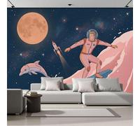 ZISTRCBAO Papier Peint Panoramique Astronaute Surf Lune 300x210cm, Thème Spatial Rétro Dessin Animé Papier Peint Soie Mural, Rose Poster Mural Impression Pour Salon Chambre Décoration Murale