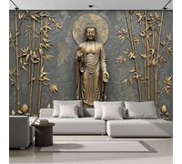 ZISTRCBAO Papier Peint Panoramique Bambou Lotus Sculpture Figurative Soie, 350x256cm Poster Geant Mural Relief D'Inspiration Zen Orientale Pour Salon Chambre Restaurant Décoration Murale