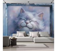 ZISTRCBAO Papier Peint Panoramique Chat Qui Regarde Par La Fenêtre, Murales Panoramique Animaux Oniriques À L'Aquarelle Bleu Clair Papier Peint Soie Pour Salon Chambre à Coucher Décoration 300x210cm
