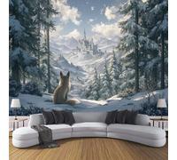 ZISTRCBAO Papier Peint Panoramique Château Du Renard Des Neiges, Papier Peint Paysage D'Hiver À L'Aquarelle, Fresque Murale Soie Vert Pour Salon Chambre à Coucher Maison Décoration 400x280cm