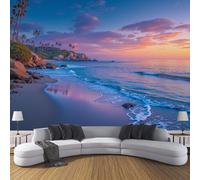 ZISTRCBAO Papier Peint Panoramique Coucher De Soleil Sur La Plage, Paysages Côtiers De Rêve Photo Mural Wallpaper Pour Salon Chambre TV Fond Bureaux 250x175cm, Bleu Poudré Poster Murales