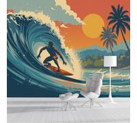 ZISTRCBAO Papier Peint Panoramique Coucher De Soleil Vagues Surfeurs 200x140cm Soie Fresque Murale - Affiche Américaine Rétro Photo Mural Décoration - Pour Salon Chambre Restaurant Murales, Bleu