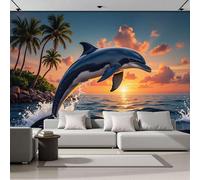 ZISTRCBAO Papier Peint Panoramique Des Dauphins Bondissent Hors De L'Eau 400x280cm, Paysages Maritimes De Rêve Papier Mural Decoratif Pour Salon Chambre Décoration Murale, Orange