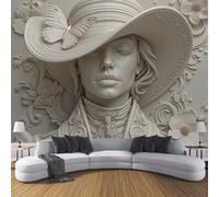 ZISTRCBAO Papier Peint Panoramique Femme Portant Un Chapeau, Relief Figuratif Classique Revêtement Mural Décoration Pour Salon Chambre à Coucher Décoration D'appartement Et De Chambre 300x210cm