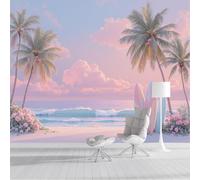 ZISTRCBAO Papier Peint Panoramique Feuilles De Palmier Roses Au Coucher Du Soleil, Plage De Rêve Mural Fond D'écran, Rose Clair Revêtement Murales Pour Chambre d'enfant Décor Mural 200x140cm