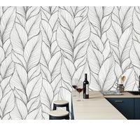 ZISTRCBAO Papier Peint Panoramique Feuilles Linéaires, Papiers Peints Art Minimaliste Au Trait 350x256cm, Poster Geant Mural Impression Pour Salon Chambre - Moderne Décoration Murale, Gris