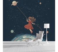 ZISTRCBAO Papier Peint Panoramique Fille Volant Au-Dessus De La Terre, Papier Peint Soie Dessin Animé Fantastique 350x256cm Mural Pour Chambre d'enfant Murale Décor Mural, Multicolore