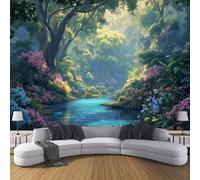 ZISTRCBAO Papier Peint Panoramique Fleurs Forêts Rivières, Papier Peint Soie Paysage Naturel Paisible, Grande Mural Pour Chambre D'enfant Chambre Décor Bleu-Vert Poster Mural 350x256cm