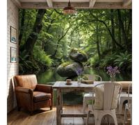 ZISTRCBAO Papier Peint Panoramique Forêt Rivière Pierre D'Équilibre Murale Soie 300x210cm | Papier Peint Guérison Style Zen, Décoration Murale Poster Tableaux Muraux Imprimé Pour Chambre Salon Mange