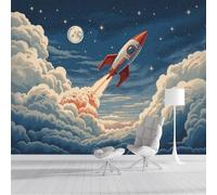ZISTRCBAO Papier Peint Panoramique Fusée Spatiale, Papier Peint Soie Style Dessin Animé Rétro, Grande Mural Pour Chambre d'enfant Décor Bleu Foncé Poster Mural 300x210cm