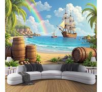 ZISTRCBAO Papier Peint Panoramique Île Des Pirates Voilier 250x175cm, Thème Aventure Papier Peint Soie Mural, Bleu Poster Mural Impression Pour Salon Chambre Décoration Murale
