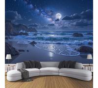 ZISTRCBAO Papier Peint Panoramique La Pleine Lune Brille Sur La Mer, Murales Panoramique Ciel Étoilé De Rêve Bleu Profond Papier Peint Soie Pour Salon Chambre à Coucher Décoration 350x256cm
