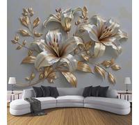 ZISTRCBAO Papier Peint Panoramique Lys Dorés 300x210cm, Fleurs En Relief De Luxe Vintage Papier Mural Decoratif Pour Salon Chambre Décoration Murale, Or