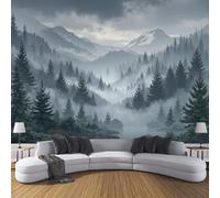 ZISTRCBAO Papier Peint Panoramique Montagnes Forestières Brumeuses, Paysage Naturel Rétro 3D Photo Mural Wallpaper Pour Salon Chambre TV Fond Bureaux 350x256cm, Gris-Vert Poster Murales