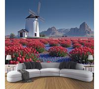 ZISTRCBAO Papier Peint Panoramique Moulins À Vent Champs De Tulipes, Papier Peint Paysages Européens Classiques, Fresque Murale Soie Rouge Pour Salon Chambre à Coucher Maison Décoration 400x280cm