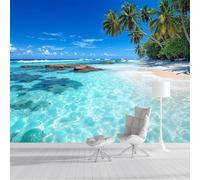 ZISTRCBAO Papier Peint Panoramique Palmiers Insulaires, Papier Peint Soie Style Plage Tropicale 250x175cm Mural Pour Salon Chambre Bureau Couloir Murale Décor Mural, Bleu