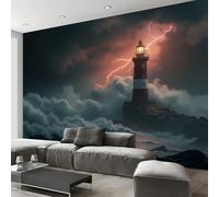 ZISTRCBAO Papier Peint Panoramique Phare Éclairs Vagues Géantes 350x256cm - Revêtement Mural Décoration Pour Chambre Salon Cuisine - Tempête Océanique Décoration Photo Murale, Gris Foncé