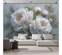 ZISTRCBAO Papier Peint Panoramique Pivoines En Relief, Papier Peint Fleurs De Luxe Vintage, Fresque Murale Soie Blanc Pour Salon Chambre à Coucher Maison Décoration 350x256cm