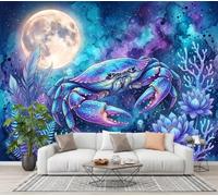 ZISTRCBAO Papier Peint Panoramique Soie Crabe Pleine Lune Lotus 250x175cm | Papier Peint Mural Animaux Fantastiques À L'Aquarelle Pour Salon Et Chambre à Coucher TV Fond Décoration - Bleu-Violet