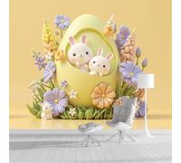 ZISTRCBAO Papier Peint Panoramique Œufs De Pâques Lapin Fleurs, Papier Peint Soie Animaux De Dessin Animé 200x140cm Mural Pour Chambre d'enfant Murale Décor Mural, Jaune
