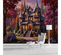 ZISTRCBAO Papier Peint Panoramique Victoria Forest Manor 200x140cm, Style Romantique Fantastique Papier Peint Soie Mural, Rouge Poster Mural Impression Pour Salon Chambre Décoration Murale