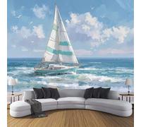 ZISTRCBAO Papier Peint Panoramique Voiliers Oiseaux Marins, Paysage À L'Huile Vintage Mural Fond D'écran, Bleu Clair Revêtement Murales Pour Salon Chambre Couloir TV Fond Décor Mural 200x140cm