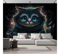 ZISTRCBAO Papier Peint Soie Chat Souriant 200x140cm, Papier Peint Panoramique Animal De Conte De Fées Sombre, Noir Photo Mural Pour Salon Chambre Décor Fond TV Blanc