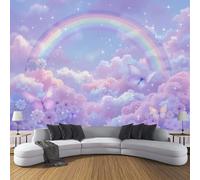 ZISTRCBAO Papier Peint Soie Motif Arc-En-Ciel Nuages Papillon Floral, Papier Peint Panoramique Rose Violet, Décoration Murale Rêve D'Aquarelle Pour Salon Chambre Appartement 350x256cm