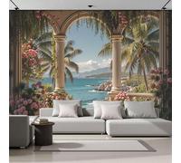 ZISTRCBAO Papier Peint Soie Panoramique Balcon Tropical Avec Vue Sur La Mer, Charme Estival Du Littoral Poster Geant Mural Pour Salle Des Enfants Chambre Couloir Peinture Décoration Murale 300x210cm