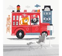 ZISTRCBAO Papier Peint Soie Panoramique Lion Conduisant Un Camion De Pompiers, Animal De Dessin Animé Poster Geant Mural Pour Salle Des Enfants Chambre Couloir Peinture Décoration Murale 400x280cm