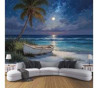 ZISTRCBAO Papier Peint Soie Panoramique Plage De La Pleine Lune, Paysage De Palmiers Sous Un Ciel Étoilé Poster Geant Mural Pour Salle Des Enfants Chambre Couloir Peinture Décoration Murale 400x280cm